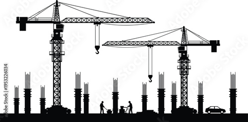 Construction site silhouettes with tower cranes workers and reinforced concrete columns illustrating industrial engineering heavy lifting operations and infrastructure 