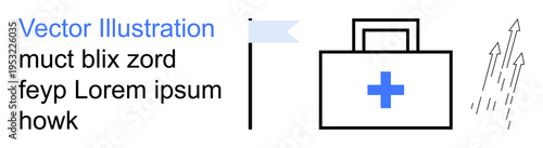 Healthcare, medical services, growth, emergency response, first aid, progress. A first aid kit with a cross symbol and upward arrows. Healthcare and medical services growth concept