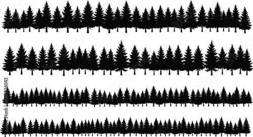 Pine forest silhouette borders set with evergreen tree lines, conifer woodland landscape vector collection isolated on white background for nature design