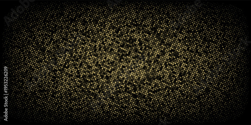 Abstract luxury banner with golden glittering dots on black background. Sparkling glitter bottom border, vector frame. Halftone effect. Magical gold dust. Pop art style backdrop.