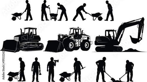 Construction worker and machinery silhouettes collection with excavator bulldozer loader and labor activities illustrating heavy equipment operation industrial workforce and building site 