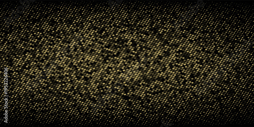 Abstract luxury banner with golden glittering dots on black background. Sparkling glitter bottom border, vector frame. Halftone effect. Magical gold dust. Pop art style backdrop. eps 10