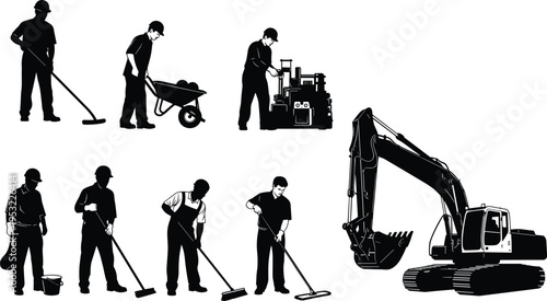 Construction worker silhouettes performing cleaning and machinery tasks with excavator illustrating industrial labor maintenance work heavy equipment operation and infrastructure 