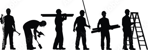 Construction worker silhouettes set with tools ladder and equipment representing industrial labor handyman tasks building maintenance and engineering workforce isolated on white background