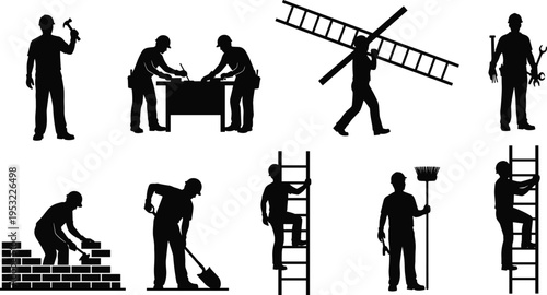Construction worker silhouettes set with tools ladder bricklaying and carpentry activities illustrating manual labor maintenance tasks industrial workforce and building service operations