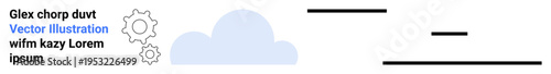 Cloud computing, data management, collaboration, file storage, system optimization, minimal design. Blue cloud and gear icons next to text and horizontal lines. Cloud computing and data management