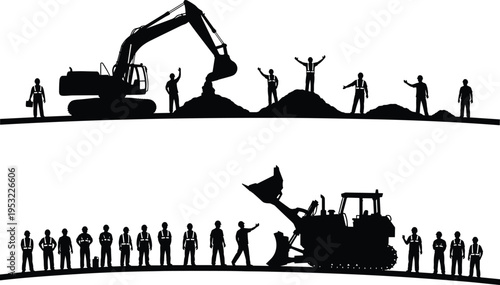 Construction worker silhouettes with excavator and bulldozer showcasing teamwork heavy machinery operation industrial labor and infrastructure development across building site environment