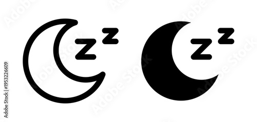 Sleep mode icon with crescent moon and Z symbols. Night, rest and relaxation concept. Sleeping sign for bedtime, calm and quiet state. Black and white vector illustration.