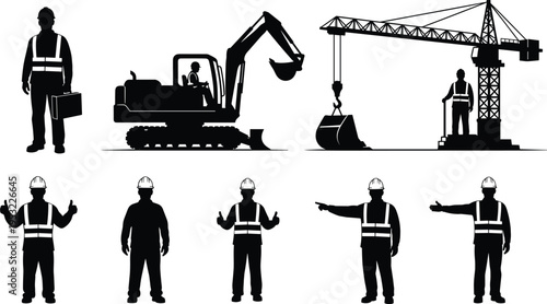 Construction worker silhouettes with excavator and tower crane demonstrating heavy equipment operation industrial labor safety gear teamwork and infrastructure development in modern building site