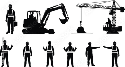 Construction worker silhouettes with excavator and tower crane showcasing heavy equipment operation industrial labor safety gear teamwork and infrastructure development in modern building site