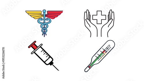 Medical icons including a syringe, thermometer, and healthcare symbols