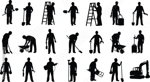 Set of construction worker silhouettes with tools, ladder and equipment, illustrating manual labor, skilled workforce, industrial jobs and building process in construction industry scene