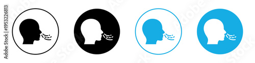 Inhalation symbol in circular frame. Human head outline with airflow through nose. Breathing pictogram for air quality, oxygen and healthcare themes. 