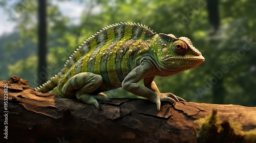 Vivid Green Striped Forest Lizard Perched on a Moss-Covered Log in Dense Jungle