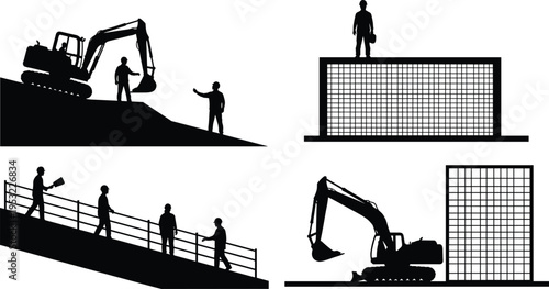 Silhouette construction scenes with workers, excavator and reinforced concrete structures, showing teamwork, safety practices, building process and urban infrastructure 