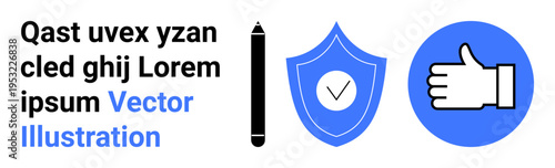 Security, trust, approval, visual communication, graphic design, creative tools. Blue shield with a check mark, a thumbs-up symbol and a vertical pen. Security and trust concept