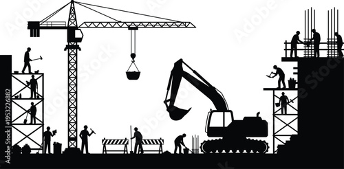 Silhouette of busy construction site with tower crane, excavator and multiple workers building structure, heavy machinery and teamwork in urban infrastructure development project scene