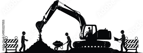 Silhouette of construction workers operating excavator at roadwork site, heavy machinery digging soil with crew and barriers, industrial engineering project concept 