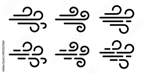 Wind icon set. Airflow and breeze symbols in outline style. Collection of wind, air movement and ventilation pictograms. Weather and air conditioner concept. 