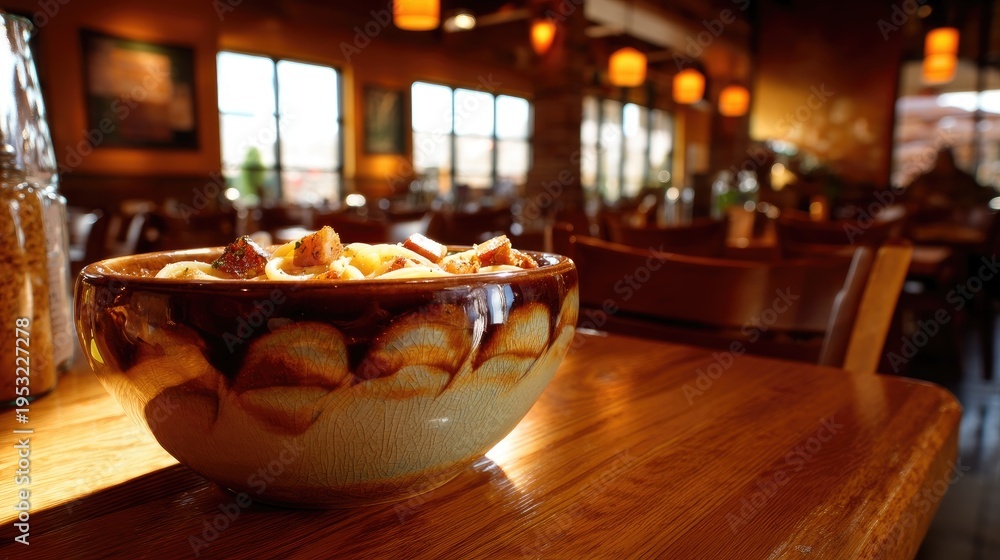 Fototapeta premium Warm and Cozy Dining Setting with Hearty Bowl of Prepared Food on Wooden Table Surrounded by Soft Lighting and Tables in Background