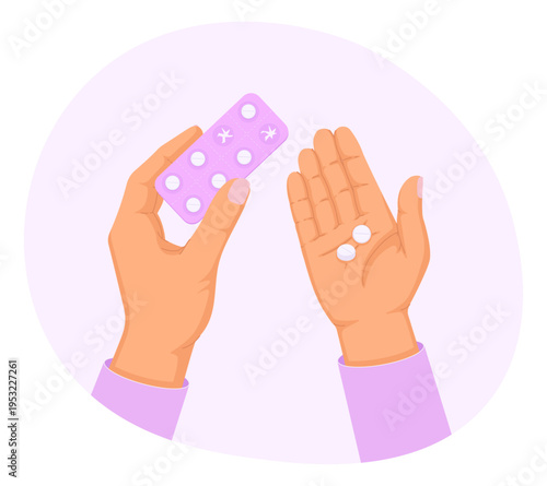 Hands holding pill blister pack and tablets illustration showing medication consumption concept in flat cartoon style with purple and peach colors on light background