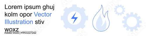 Energy production, industrial processes, sustainable solutions, technology, power generation, engineering. Blue gears, lightning bolt and flame icons. Energy production and industrial processes