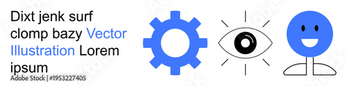 Workflow, innovation, vision, teamwork, creativity, human connections. Blue gear, eye symbol and stick figure align on white. Workflow and innovation concept in minimal vector style