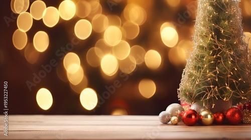 Warm Yuletide Sparkle on a Wooden Table with Evergreen Sprig and Red Gold Ornaments