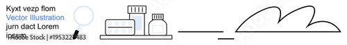 Healthcare, medicine search, pharmacy, drug safety, medical research, treatment access. Bottles, pills magnifying glass and graphic elements. Medicine search and healthcare concept