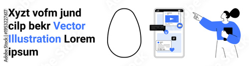 Communication, technology, social interaction, media usage, digital design, education. Person pointing to a smartphone showing a social media interface. Communication and media usage concept