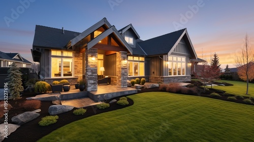 Warmly lit luxury craftsman-style house with stone facade and manicured lawn at dusk