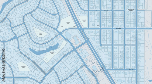 Detailed urban city map illustration, residential district layout with streets, parks and blocks, cartography planning concept, minimal vector blueprint style, isolated background