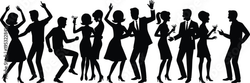 Silhouette group of people dancing at party, elegant nightlife celebration, social event with cocktails, music entertainment concept, stylish crowd enjoying festive atmosphere