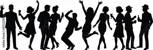 Silhouette of dancing people at party, energetic crowd celebration, nightlife event concept, social gathering with music, fun and entertainment atmosphere illustration