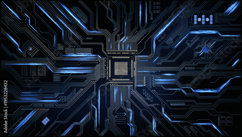 Technological background with blue and gold traces on a circuit with glowing energy and a microprocessor socket. Abstract conceptual digital background with a printed circuit.