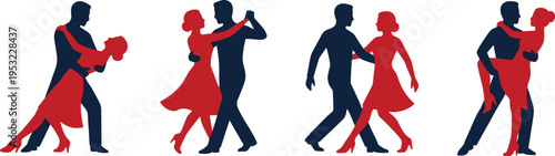 Elegant couple dancing silhouettes, romantic ballroom dance poses, red and blue figures, love and partnership concept, graceful movement illustration for social dance
