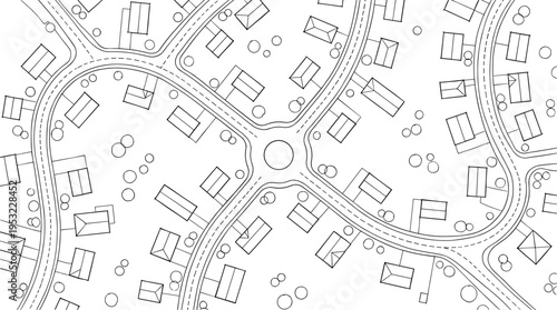 Abstract city map with roundabout intersection, residential neighborhood layout, top view urban planning design, curved roads and houses, infrastructure blueprint illustration concept