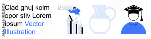 Education, business analytics, progress tracking, knowledge growth, academic achievements, digital search. Person climbing bar graph, magnifying glass pitcher graduate icon. Education and business