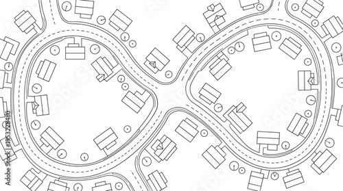 Abstract urban road map with residential neighborhood layout, top view city plan, curved streets and houses, infrastructure design concept, modern planning illustration
