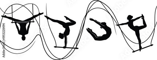 Aerial hoop acrobat silhouettes, gymnastic ring performance sequence, flexibility strength balance concept, minimal vector illustration, isolated background, dynamic artistic fitness movement scene