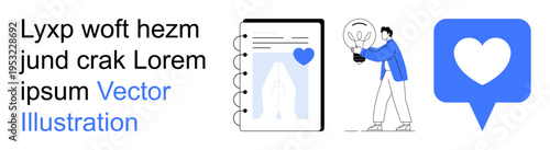 Creativity, innovation, social media, note-taking, love, inspiration. A notebook with a heart, a person holding a light bulb and a heart icon. Creativity and inspiration symbolization