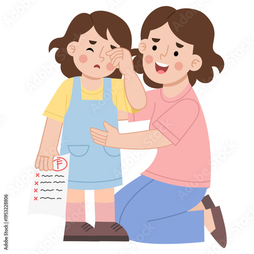 Illustration of Mother Comforting Crying Child Over Bad Grade