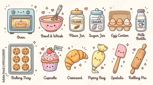 Cute cartoon illustration of baking ingredients, kitchen tools, and sweet baked goods with adorable kawaii faces.