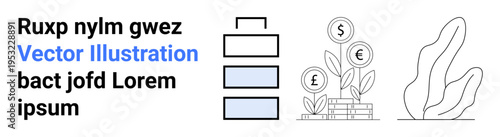 Business strategy, financial planning, nature concepts, economic growth, sustainability, and innovation. Stacked boxes, currency symbols on plants and abstract shapes. Business strategy