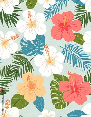 Tropical floral pattern with hibiscus, palm leaves, monstera on pastel background