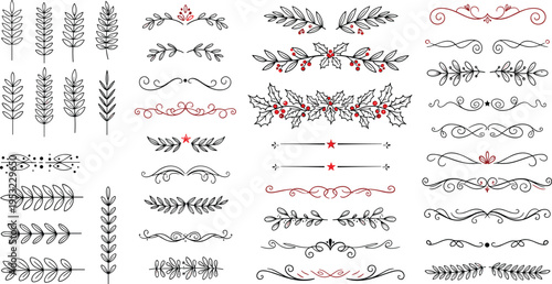 Collection Of Hand Drawn Floral Dividers Featuring Decorative Laurel Branches Holly Berries And Elegant Swirls For Christmas Invitations And Wedding Stationery
