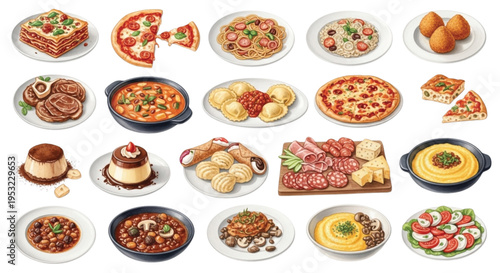 Italian Food Set Watercolor Illustration, Pizza Pasta Desserts and Traditional Cuisine Collection Isolated