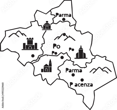Map of Parma province Italy with landmark icons and geographical features vector illustration for travel and tourism