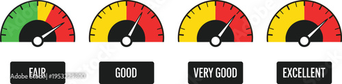 Colorful Performance Gauge Meter Collection Featuring Fair Good Very Good And Excellent Rating Indicators For Financial Credit Score And Quality Assessment