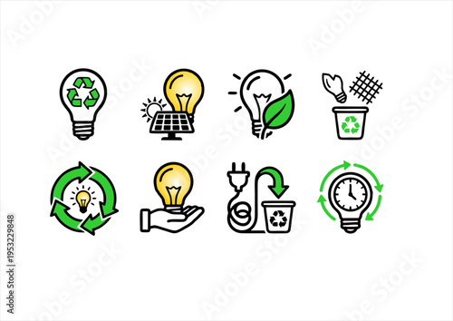 Eco-friendly Energy and Recycling Icon Set - Green Energy Concepts. A comprehensive set of 8 vector line icons focusing on sustainable energy and waste management. Featuring light bulbs with recycling